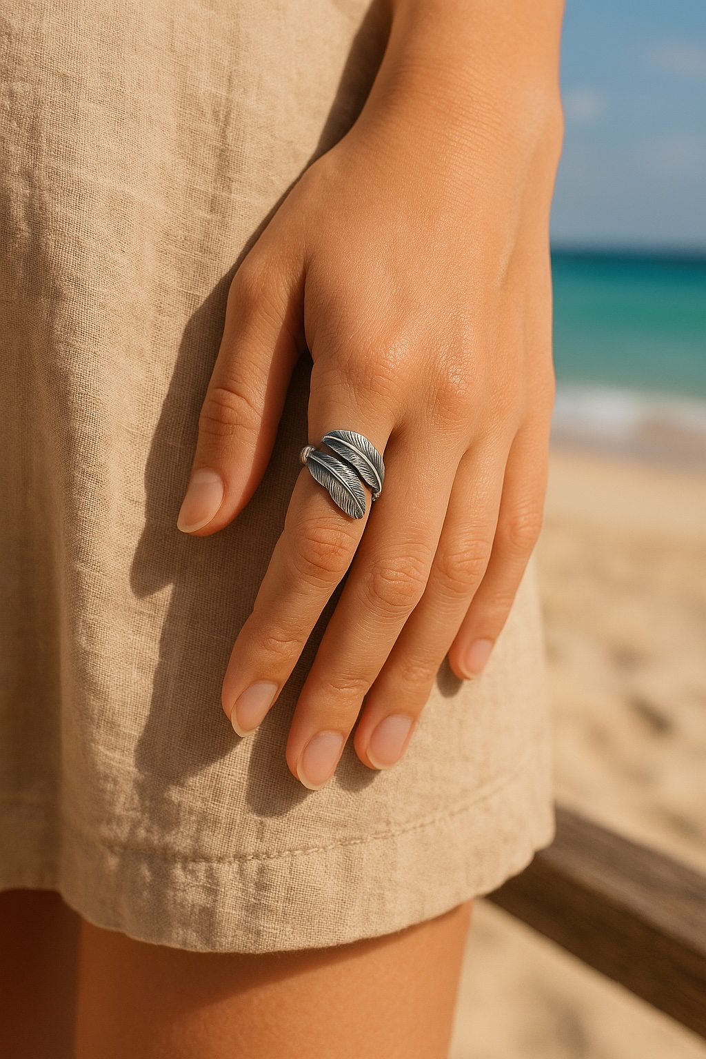Offener Ring aus 925er Silber mit Feder-Design – Verstellbar